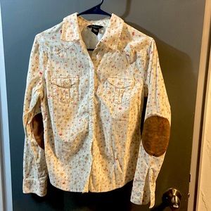 Corduroy floral button up with suede patches, S